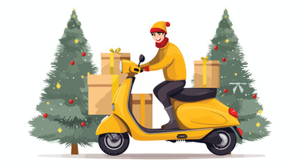 Yellow scooter deliveryman and christmas treeconcept 