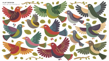 Flat Design Vector Illustration of Birds in Various Poses 