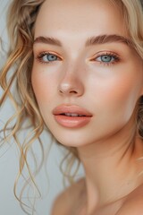 Naklejka premium beautiful blond woman with healthy skin looks at the camera . natural makeup of a young beautiful model on a studio background with copy space. 