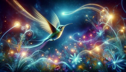 Hummingbird in a Magical Fantasy Garden - obrazy, fototapety, plakaty