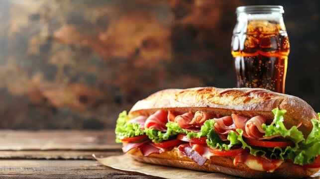 Tasty close up of submarine sandwich and coke drink on wooden table. AI generated image