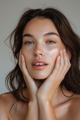 beautiful brunette woman with healthy skin looks at the camera and touches her face with her hands. natural makeup of a young beautiful model on a studio background with copy space. cosmetic concept 