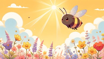 Fototapeta na wymiar Bee flying over colorful flower field in sunlight