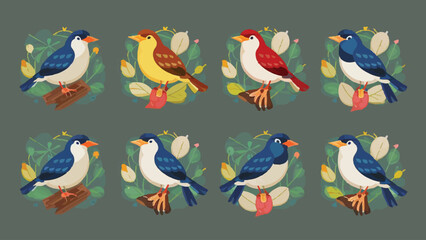 Flat Design Vector Illustration of Birds in Various Poses 