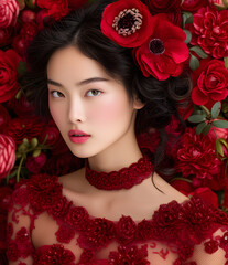 A stunning portrait of a young woman surrounded by a vibrant red floral backdrop, embodying elegance and natural beauty.
