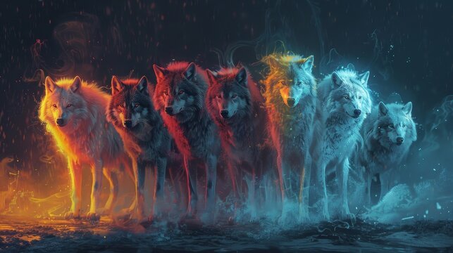A captivating digital image portraying a pack of spectral wolves, each embodying the transition from fiery warmth to icy coolness.