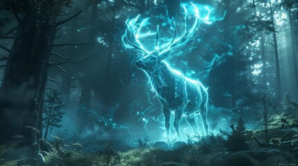 An otherworldly image of a majestic deer emanating an intense blue glow within the mystical shroud of a dense forest. - obrazy, fototapety, plakaty