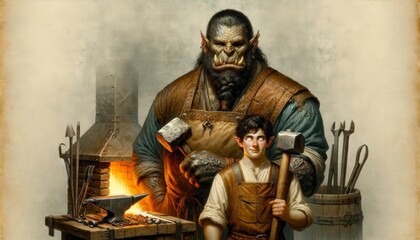 Fantasy illustration of a dwarf and ogre working in a forge - obrazy, fototapety, plakaty