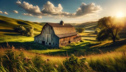 Rustic Wooden Barn in Countryside at Sunset - obrazy, fototapety, plakaty