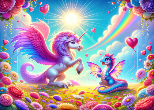 Fantasy Unicorn and Dragon in a Magical Meadow