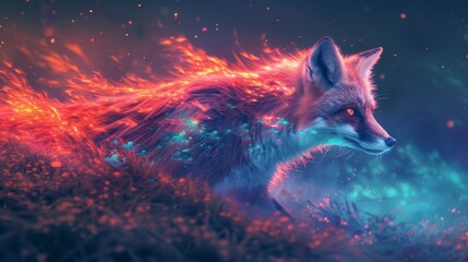 Obraz na płótnie Canvas A fox with a blazing, fiery tail stands in a dreamy, neon-tinged landscape, radiating a mystical and captivating aura.