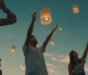 Shared aspirations rise in a serene blue sky as friends uplift lanterns in a moment of unity