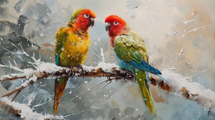 Two vivid parrots with a backdrop of soft snowflakes, offering a stunning contrast of tropical warmth against a chilly scene.