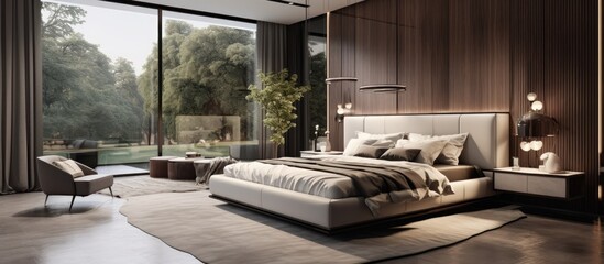 Stylish modern bedroom with spacious bed, elegant mirror, and distinctive overhead light.