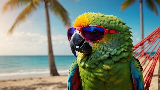 cute parrot on the beach wearing sunglasses
