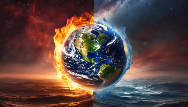 Split-view of Earth, one side in flames, the other frozen, depicting climate extremes.