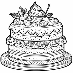 A three layered cake with frosting and a decoration on top, coloring page.