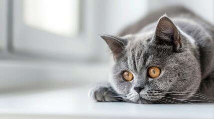 Portrait tabby grey british cat animal short hair lying on table. AI generated image