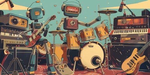 A playful illustration of robot musicians playing avant-garde instruments