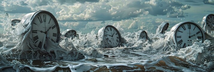 A surreal depiction of melting clocks dripping onto a barren landscape - obrazy, fototapety, plakaty
