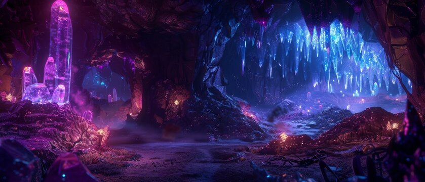 An underground city lit by glowing crystals