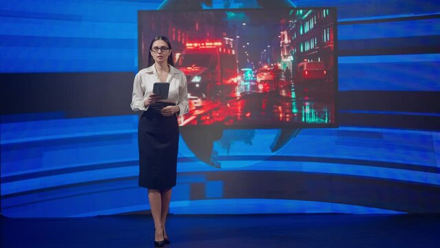 Female presenter in the studio. Woman news hosts presenting breaking event, reporting about catastrophe on air, tragedy scene graphic background at the back.