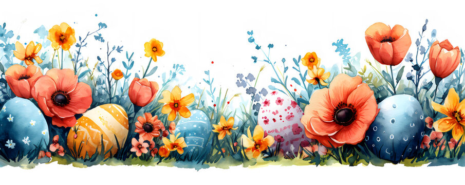 Colorful decorated Easter eggs and flowers isolated on white background in watercolor style. Happy Easter illustration concept. Floral banner. Design for spring greeting card, poster, ads.