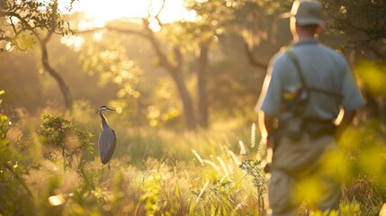 Solitary birdwatcher admires a graceful heron in the wild, a serene encounter during a peaceful nature walk in the wilderness