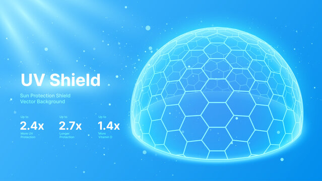 Sun Protection Futuristic Glowing Shield. 3D Sphere Bubble Shield from Ultraviolet Light. Game Hi Tech Dome. Solar Protection Screen. UV Radiation Safety Concept. Summer Vector Illustration.