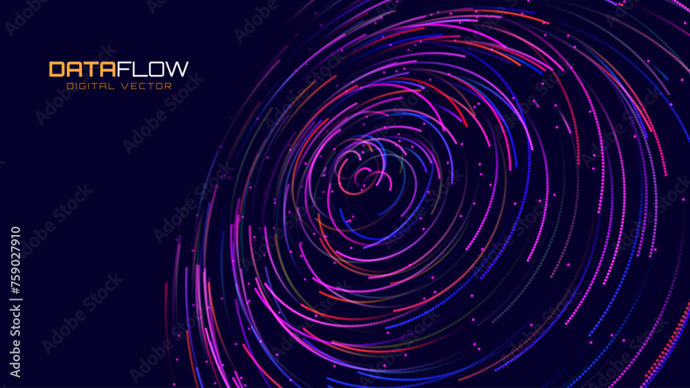 Poster Big Data Visualization. Circular Particles Dots Vortex Abstract Galaxy. Futuristic Science or Finance Infographic Design. Complex Visual Data Background. Abstract Data Flowing. Vector Illustration.