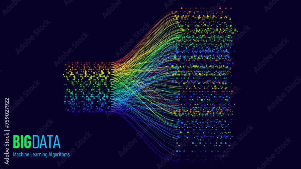 Poster BIG DATA Machine Learning Algorithms. Data Sorting Rainbow Graph. Computer Science Concept. Big Data Analytics Stream. Information Classification. Vector Illustration.