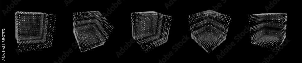 Poster Set of Cyberpunk Technology 3D Cubes. Futuristic HUD Design Objects. Computer Server Algorithm Array Concept. Cyber Game Design Elements Vector Illustrator. Particles Cubes.