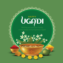 happy Ugadi New Year festival. holiday celebrated by the inhabitants of Karnataka and Andhra Pradesh. abstract vector illustration graphic design. - obrazy, fototapety, plakaty