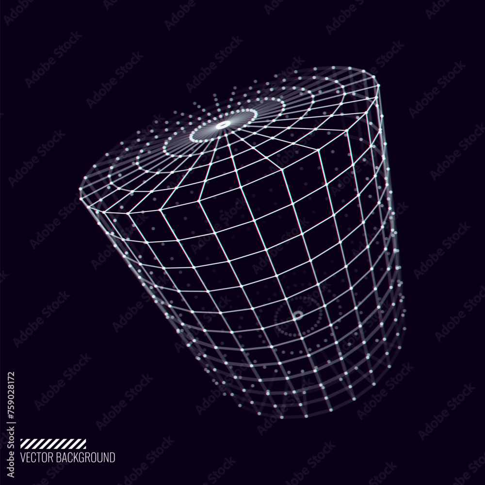 Aufkleber Glitched Cyberpunk 3D Cylinder Shape. 3D Grid Geometry for Retrowave Vaporwave Synthwave Style Graphic Design. Old Cyberpunk 80s-90s Aesthetic Virtual Reality Concept. Vector Illustration.