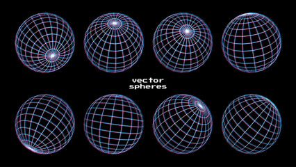 Cyberpunk 3D Sphere Wireframe Hologram HUD Design Elements Set. 3D Line Globe Geometry for Retrowave Style Graphic Design. Cyberpunk Y2K Aesthetic Virtual Reality Concept. Vector Illustration. - obrazy, fototapety, plakaty