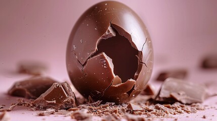 Broken chocolate eggs on brown background. Generative AI
