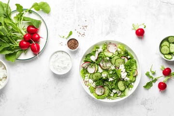 Radish and cucumber fresh green leafy vegetable salad with romaine lettuce, cottage cheese and yogurt, top view - obrazy, fototapety, plakaty