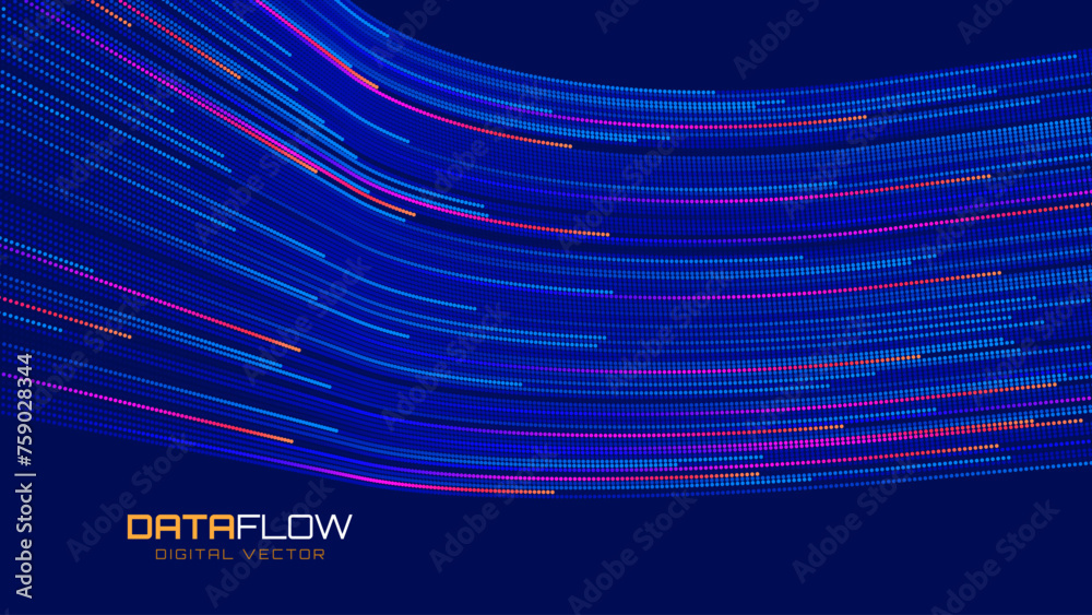 Poster Digital Data Flow Vector Background. Big Data Technology Lines. 5G Wireless Data Transmission. High Speed of Light Trails. Information Flow in Virtual Reality Cyberspace. Vector Illustration.
