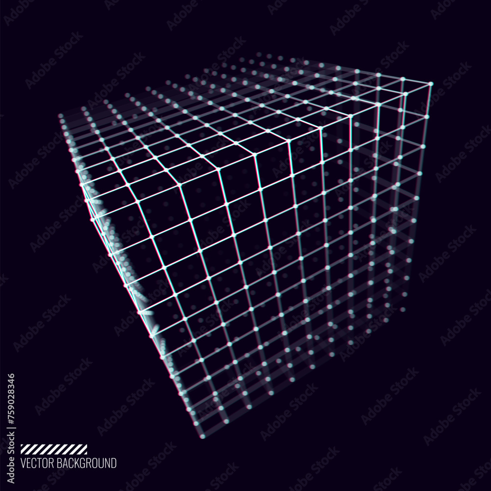 Aufkleber Glitched Cyberpunk 3D Cube. 3D Perspective Grid Geometry for Retrowave Vaporwave Synthwave Style Graphic Design. Old Cyberpunk 80s-90s Aesthetic Virtual Reality Concept. Vector Illustration.