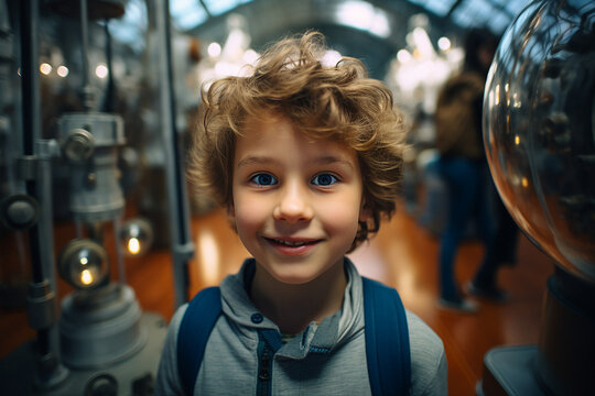 Generative AI photo of adorable little child at science exhibit center