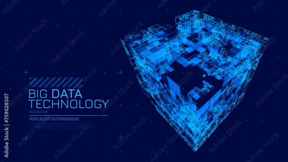 Poster Big Data Storage Technology. Abstract Data Cube Background. Modern Technology Banner. Information Server. Data Science Computer Science Algorithms Vector Illustration.