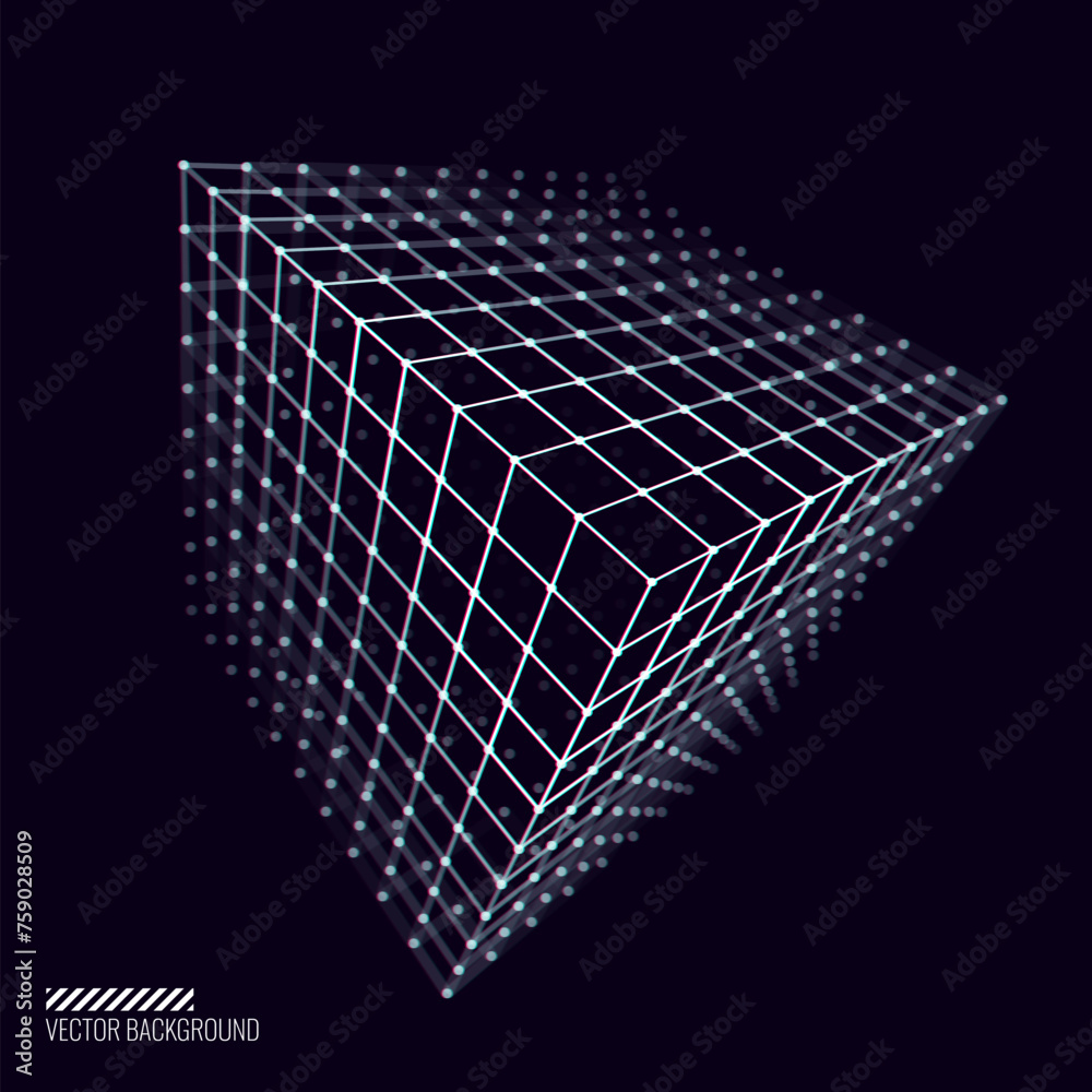 Poster Glitched Cyberpunk 3D Cube. 3D Perspective Grid Geometry for Retrowave Vaporwave Synthwave Style Graphic Design. Old Cyberpunk 80s-90s Aesthetic Virtual Reality Concept. Vector Illustration.