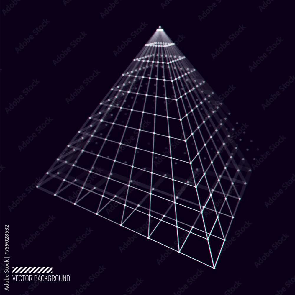 Poster Glitched Cyberpunk 3D Pyramid Shape. 3D Grid Geometry for Retrowave Vaporwave Synthwave Style Graphic Design. Old Cyberpunk 80s-90s Aesthetic Virtual Reality Concept. Vector Illustration.
