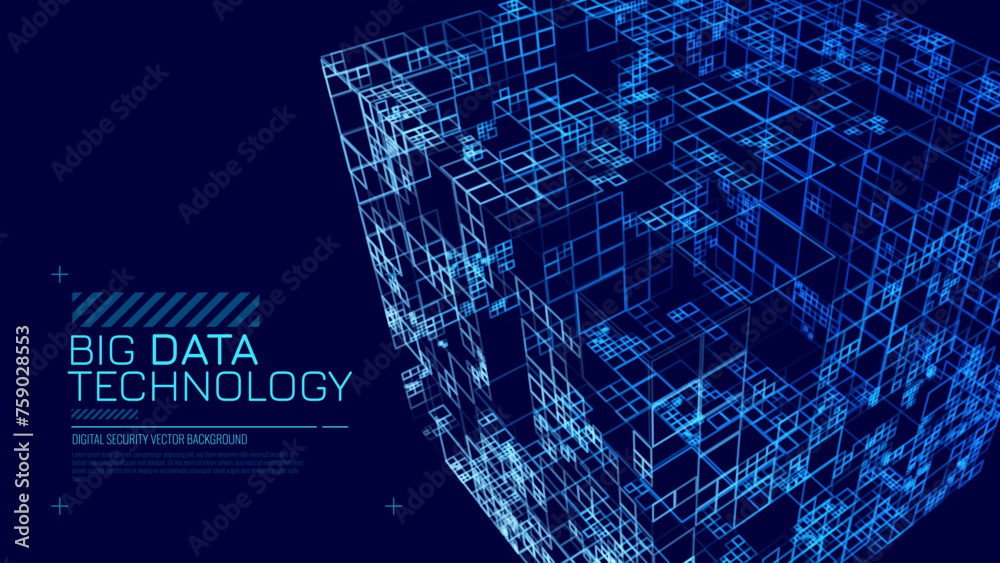 Poster Big Data Storage Technology. Abstract Data Cube Background. Modern Technology Banner. Information Server. Data Science Computer Science Algorithms Vector Illustration.