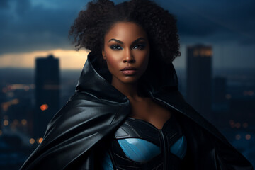Generative AI image of attractive woman in red blue superhero costume