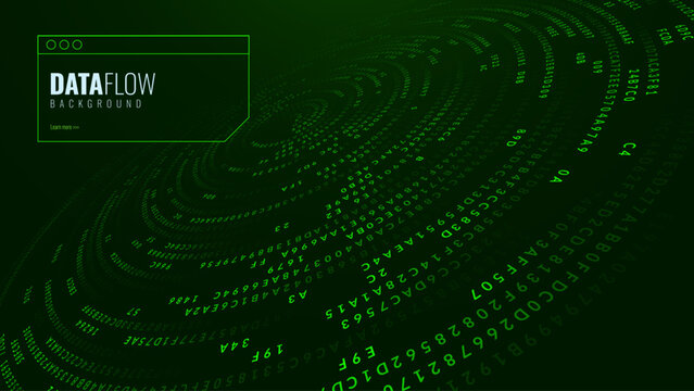 Green Abstract Matrix Vortex Technology Background. Binary Computer Code Dynamic Spiral. Programming, Coding, Hacker Concept. Binary Numbers Moving in Spiral. Vector Illustration. Sci-fi Background.