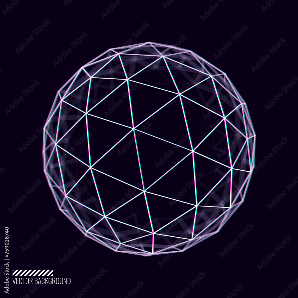Poster Glitched Cyberpunk 3D Icosphere. 3D Globe Geometry for Retrowave Vaporwave Synthwave Style Graphic Design. Old Cyberpunk 80s-90s Aesthetic Virtual Reality Concept. Vector Illustration.