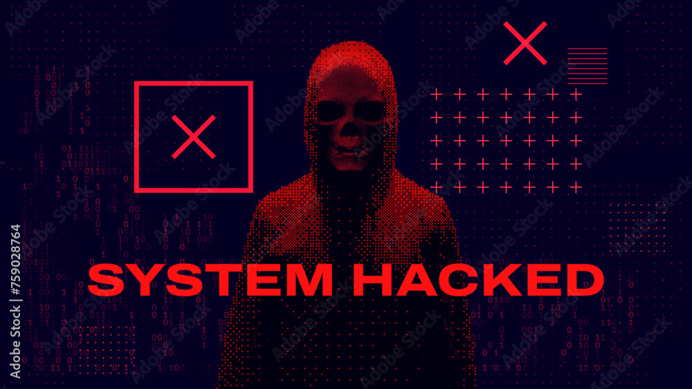 Fototapete Hacker Silhouette On Dark Red Glitched Background. System Hacking Attack. Online Security and Safety Concept. Glitch 3D Skull Mesh Malware Attention Sign. Computer Hacked Error Concept. Vector.