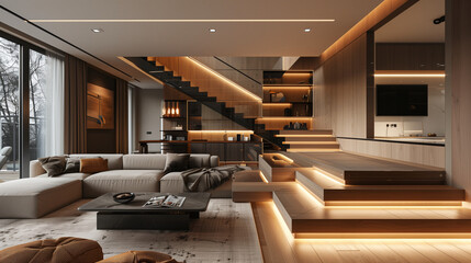 Elevate Your Living: Luxury Interior Design in a Multi-Storey Haven - Embracing Contemporary Elegance with Wooden Stairs and Custom Storage Solutions