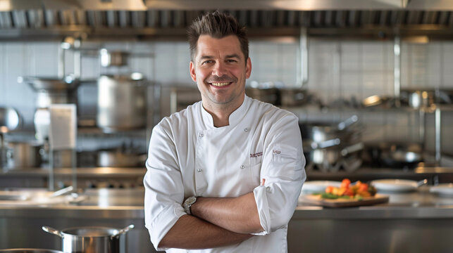 Portrait of smiling male chef standing with arms crossed in commercial kitchen. AI.